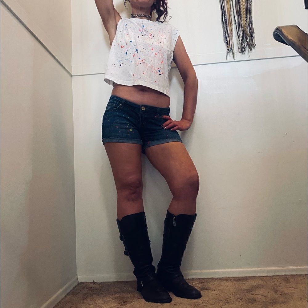 xxs white neon splatter dynamite crop tank top